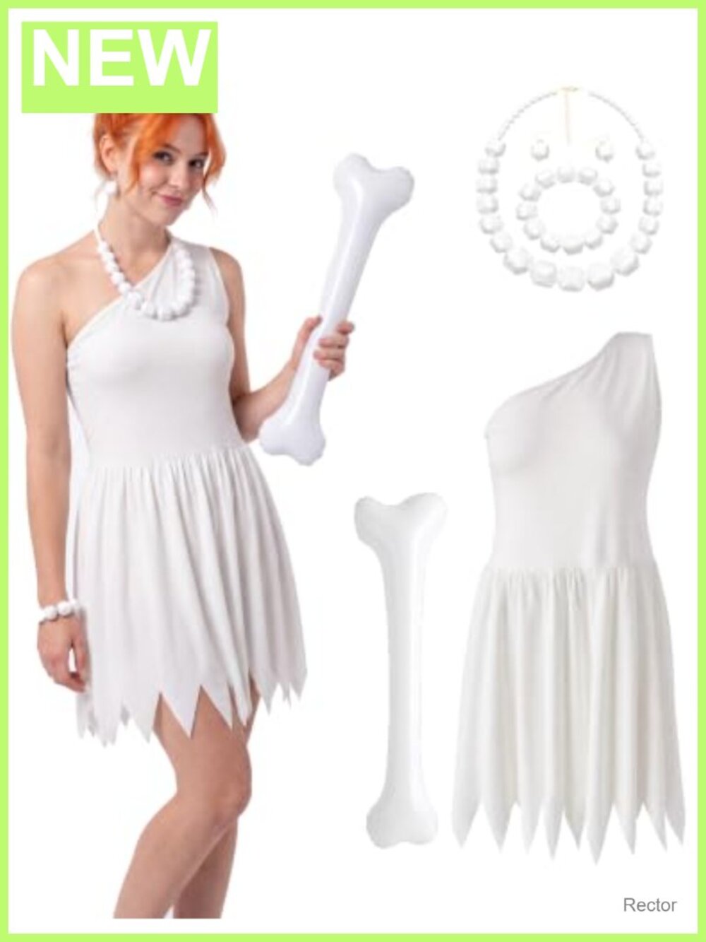Women's Cave Girl Halloween Costume White Dress with Inflatable Bone and Bead
